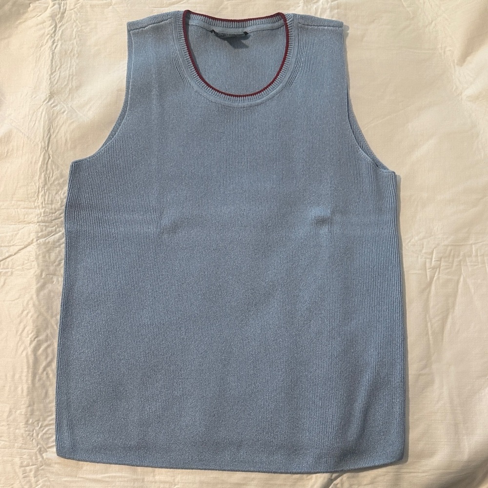 St John - Light Blue Sleeveless Knit Top with maroon piping at the crewneck